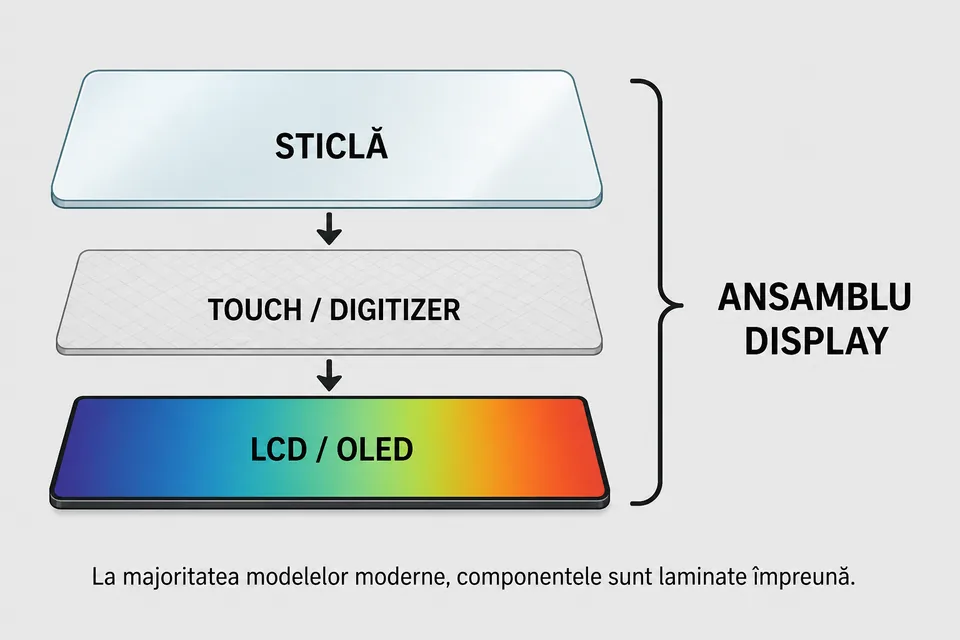 Ilustrație pe straturi: sticlă, touch/digitizer și LCD/OLED formând ansamblul display